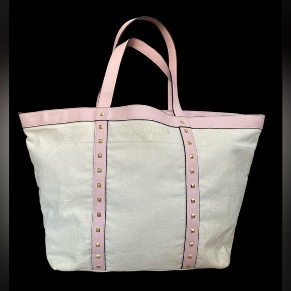 Victoria’s Secret gold stud cream canvas pink faux leather trim open tote - Picture 1 of 11